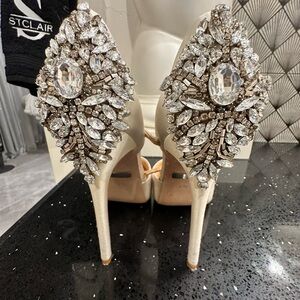 Badgley Mischka Crystal-Embellished Cream Heels